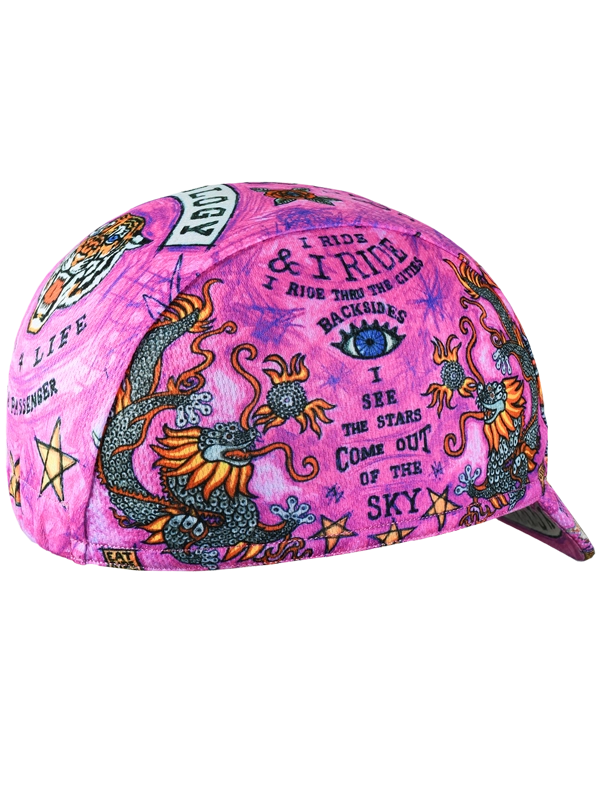 Pink cycling cap with colorful designs and text 