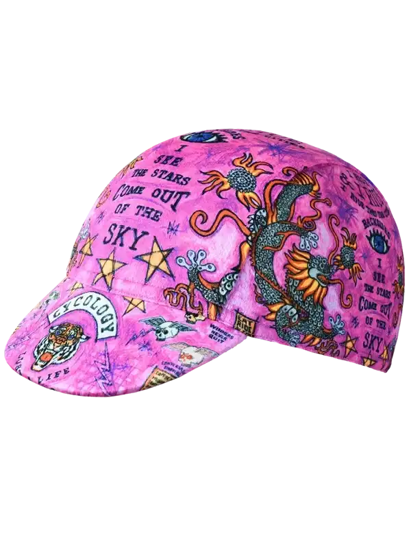 Pink cycling cap with dragon, stars, and 'I see the stars come out of the sky' print, unique design