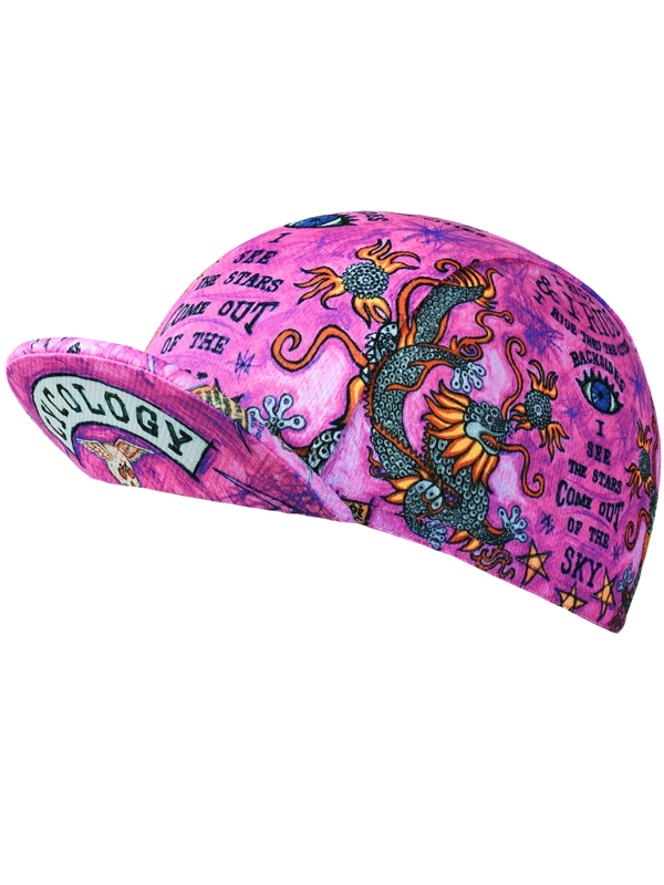 Pink cycling cap with colorful dragon design and text 