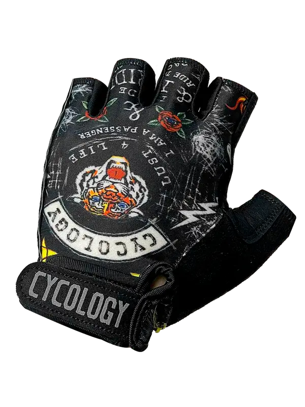 Black half-finger glove with graphic design and 'Cycology' branding 