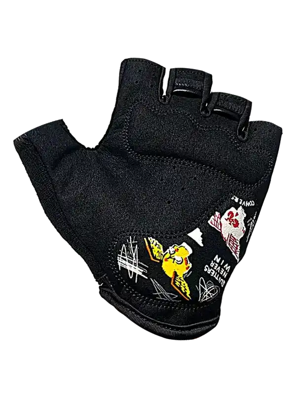 Black cycling glove with colorful cartoon design, ideal for men's and women's bike rides