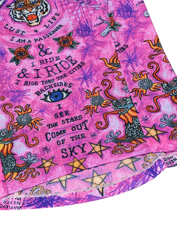 Pink sleeveless cycling base layer  with colorful graphics and text