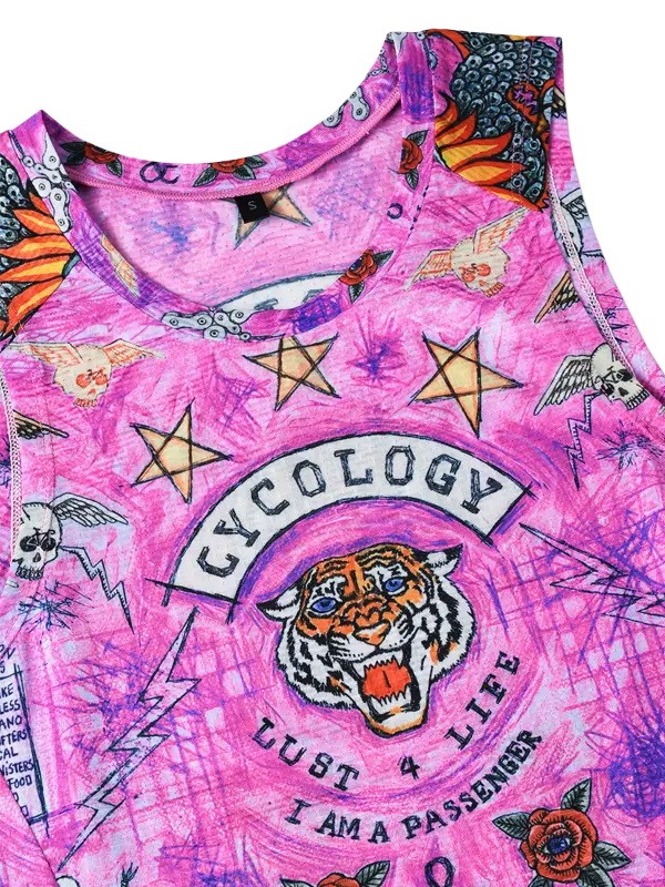 Pink sleeveless cycling base layer  with colorful graphics and text