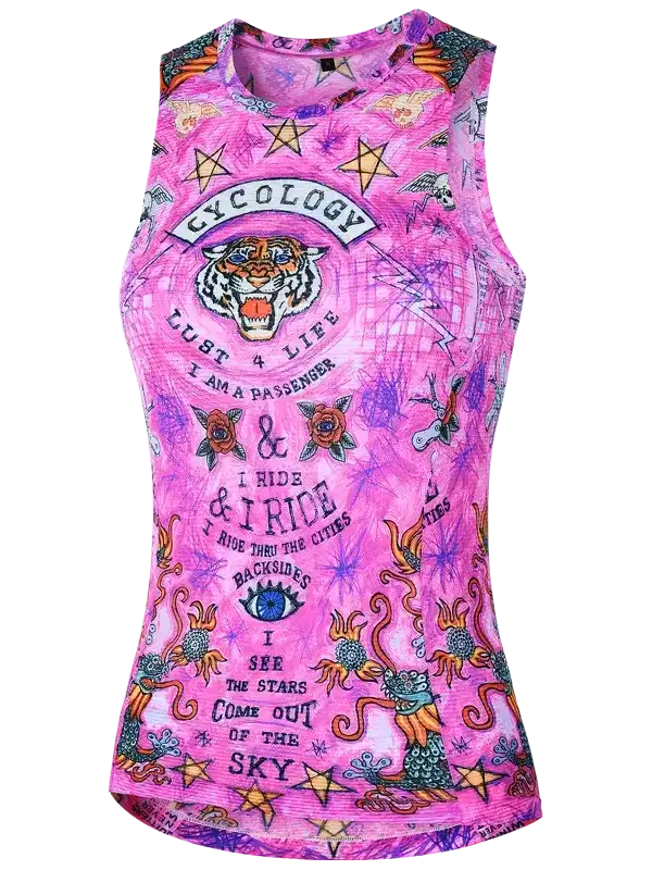 Vibrant pink women's cycling tank top with tiger, stars, and bold graphics for urban rides