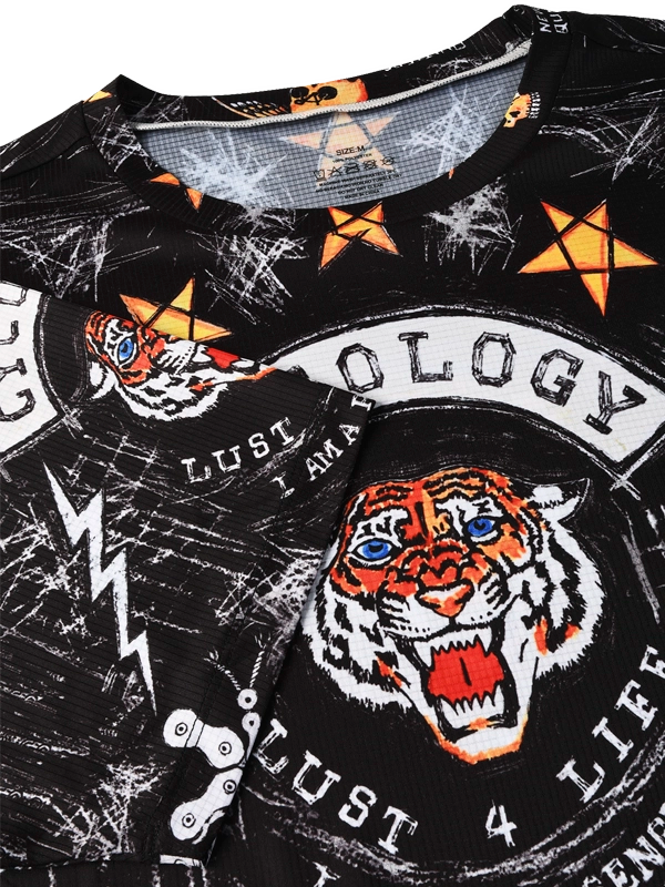 Close-up of a black shirt with tiger design and text