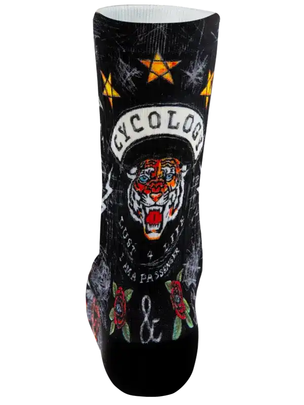 Black cycling sock with tiger, stars, roses, and 'CYCOLOGY' text, ideal for men's and women's bike rides