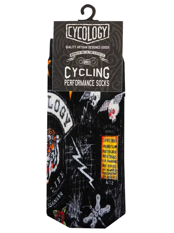 Cycling performance socks with bold graphic design, skull, tiger, and bike chain motifs for men and women