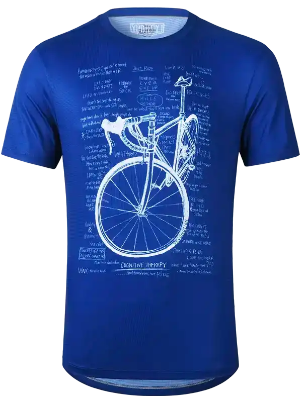 Blue cycling jersey with white bicycle blueprint design and motivational cycling quotes for men and women