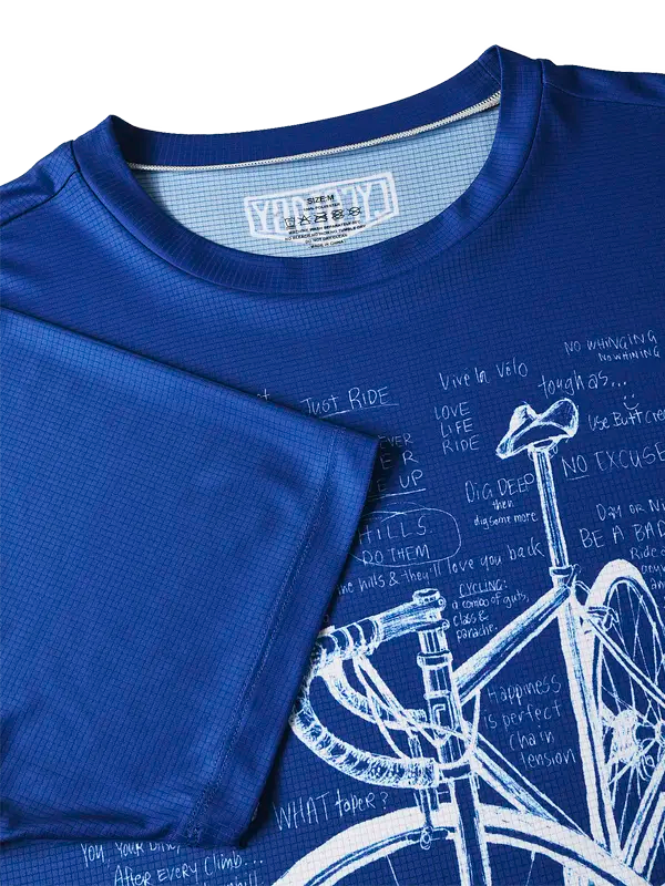 Blaues Tech-T-Shirt mit Fahrradmotiv und Text 