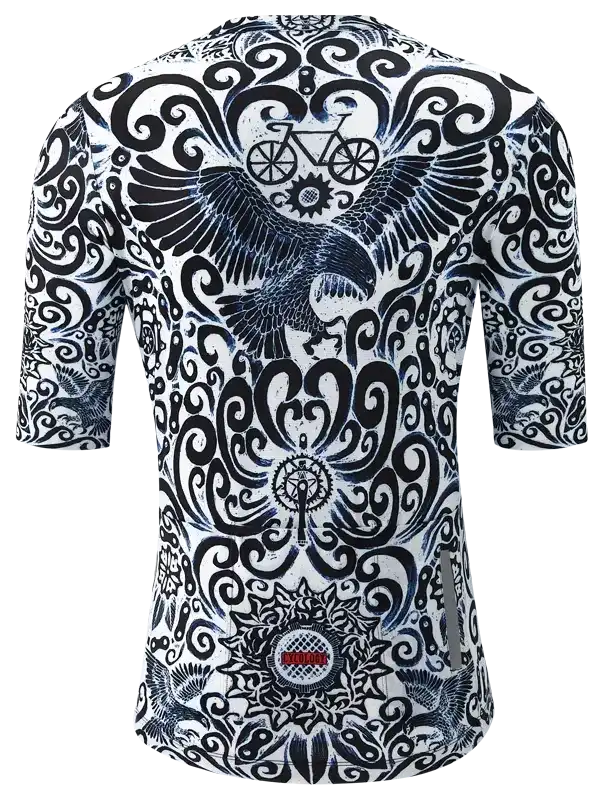 Men's cycling jersey with bold black and white eagle and bike graphic design