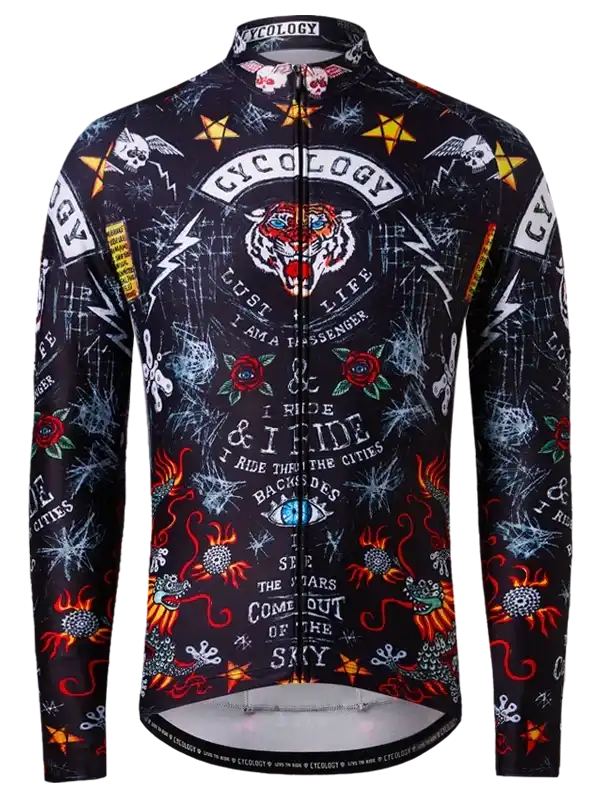 Men's long sleeve cycling jersey with bold tiger, skulls, and flame graphics for road biking