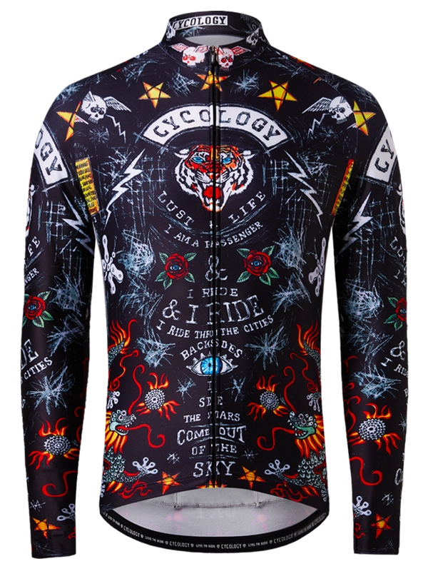 Colorful  winter cycling jersey with intricate designs and tiger on a black background