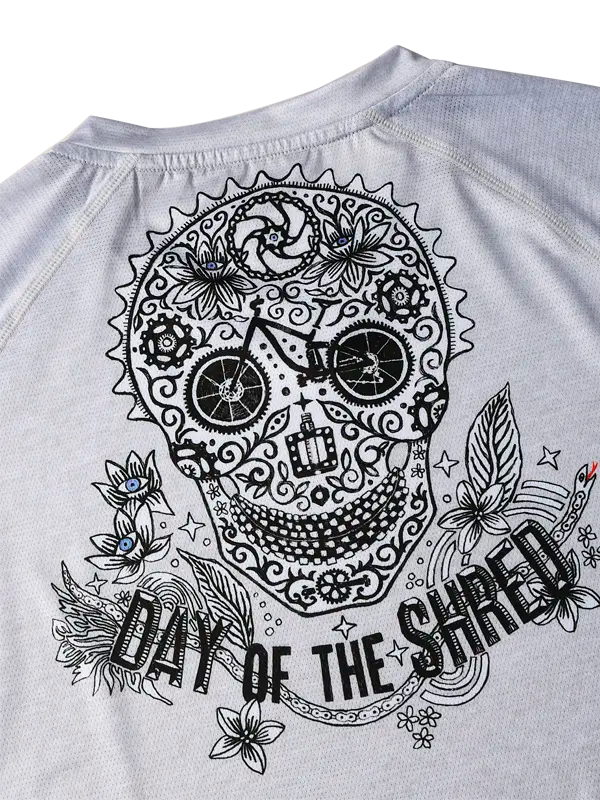  Grey Women's Long Sleeve MTB Jersey  with a black skull design and 'Day of the Shred' text on a white background