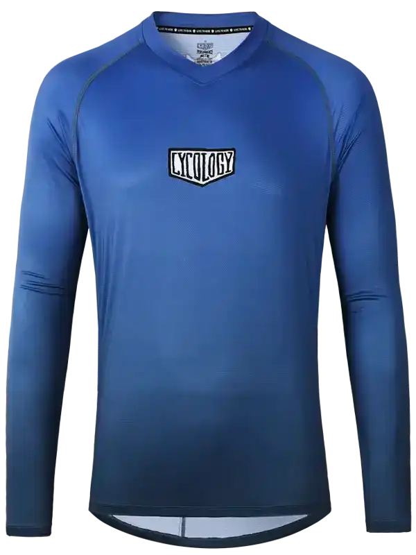 Blue long-sleeve cycling jersey with Cycology logo, designed for men's and women's bike rides