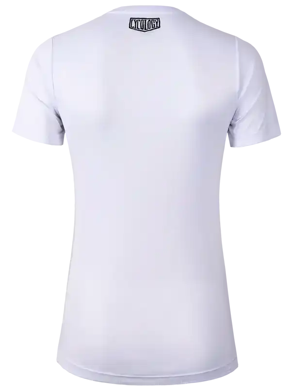 White cycling jersey with small logo at neckline, ideal for men's or women's bike rides