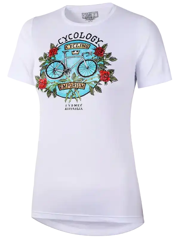White women's cycling t-shirt with vintage bike and rose graphic, ideal for bike rides and casual wear.