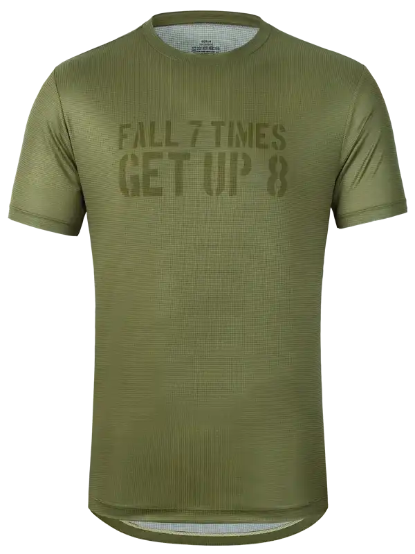 Olive green men's cycling jersey with 'Fall 7 Times Get Up 8' motivational print, breathable fabric