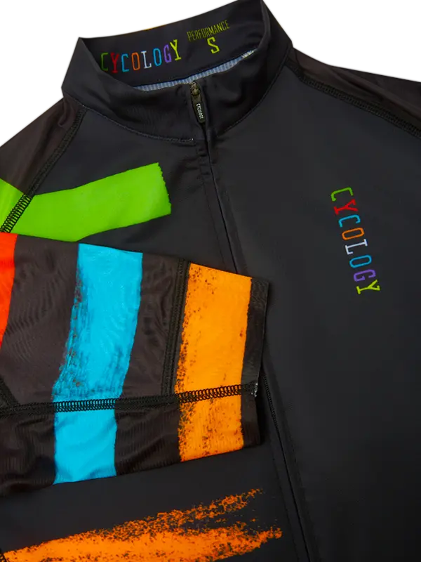Cycling jacket with colorful accents and 'Cycology' branding on a white background