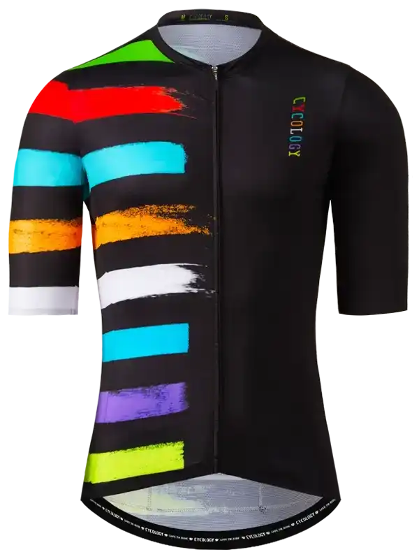 Men's cycling jersey with vibrant rainbow brushstroke design on black, featuring full zipper and breathable fabric.