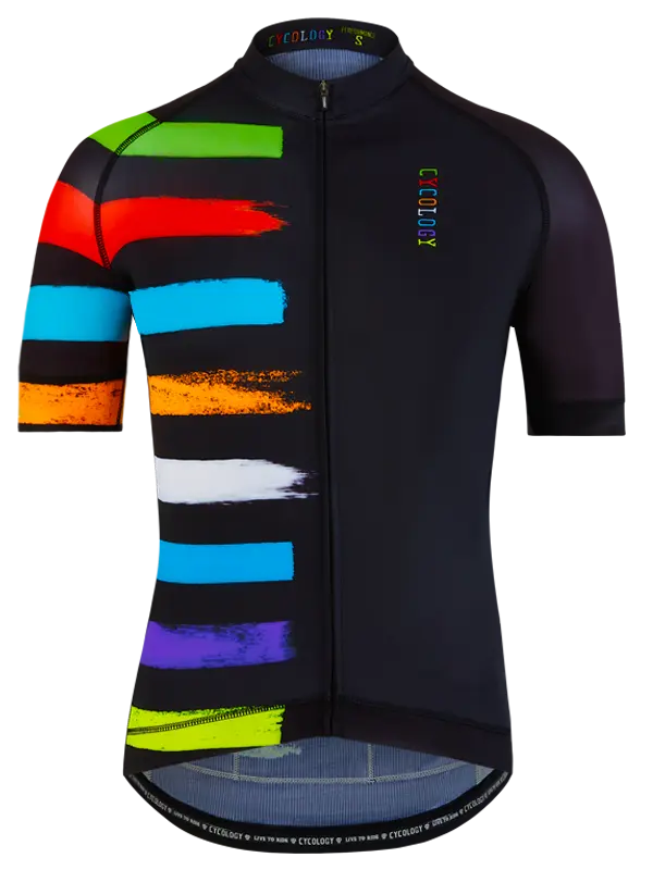 Black cycling jersey with colorful abstract patterns on a white background