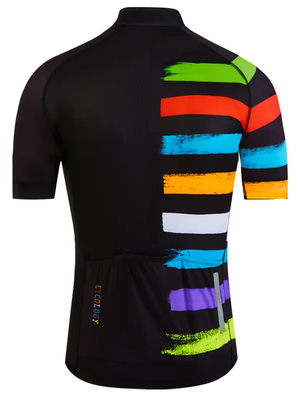 Black cycling jersey with colorful stripes on a white background