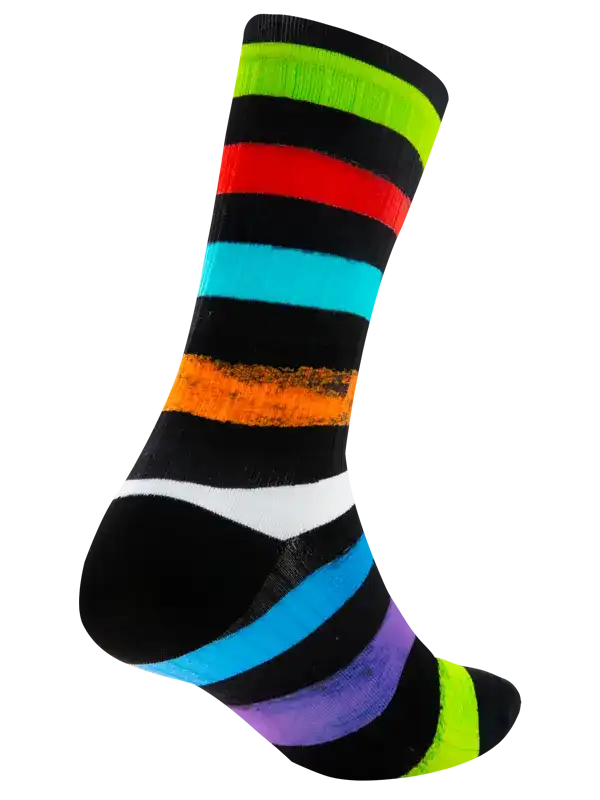 Colorful striped cycling socks with black base, vibrant neon and bold hues for men's or women's bike rides