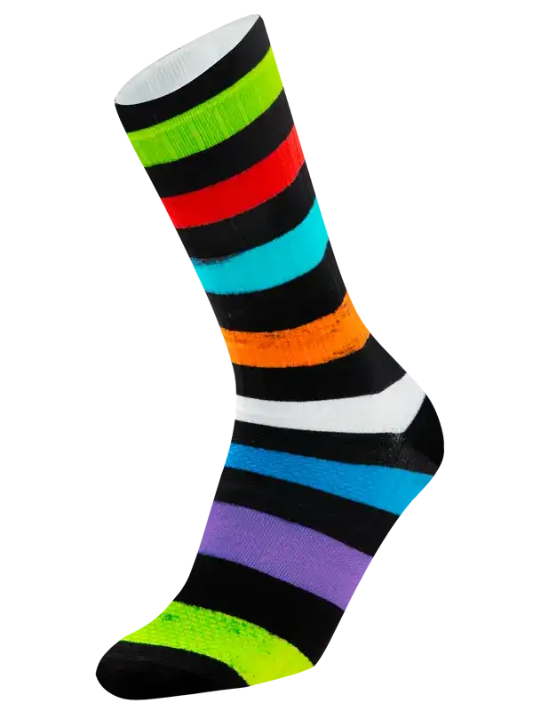 Colorful striped cycling socks with neon green, red, blue, orange, purple, and black bands for men and women