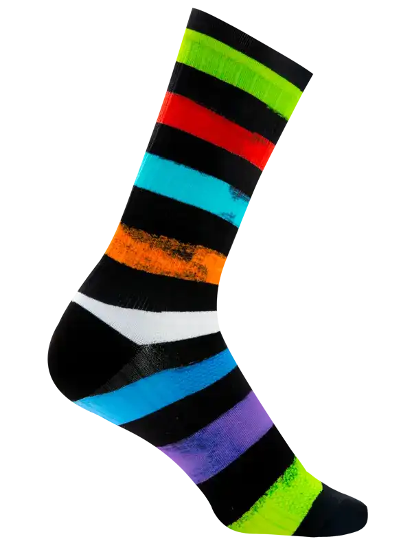 Colorful striped cycling sock with neon green, red, blue, orange, white, and purple bands on black background
