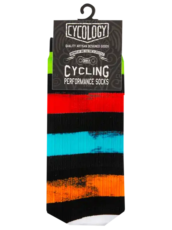 Colorful cycling performance socks with bold stripes, designed for bike culture and lifestyle