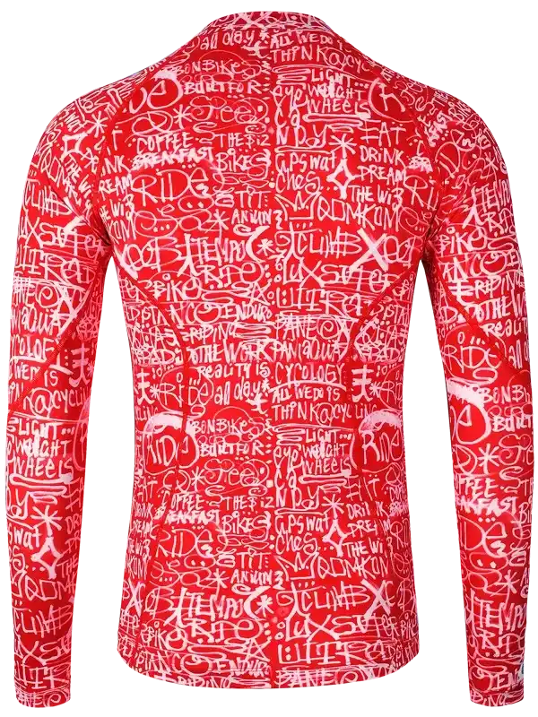 Red long-sleeve cycling jersey with white graffiti-style text print, designed for men or women riders.