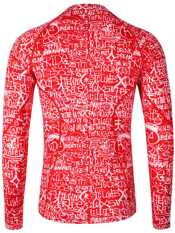 Long-sleeve cycling base layer with red and white graphic design