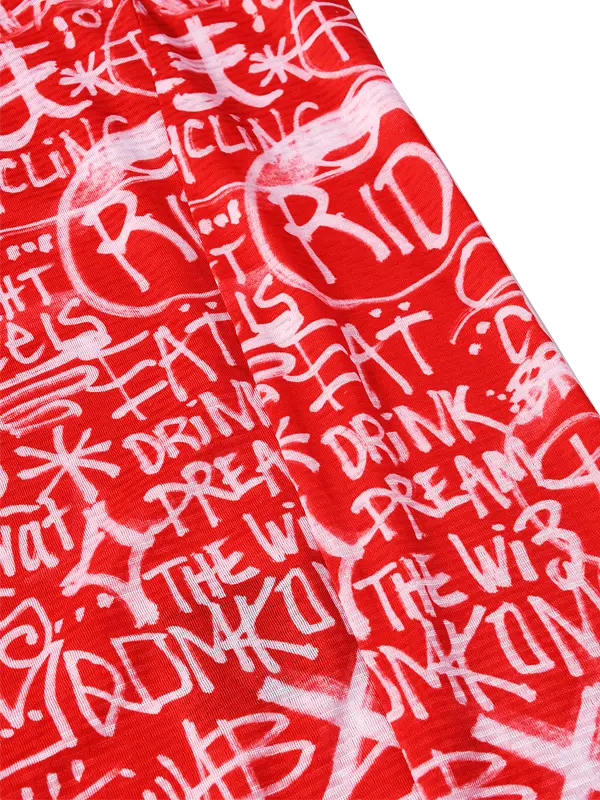 Red sleeveless cycling base layer with white text and graphics