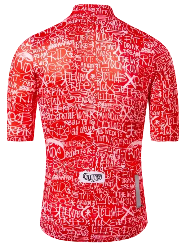 Red men's cycling jersey with white graffiti-style text, featuring 'RIDE' and 'CLIMB' for road biking