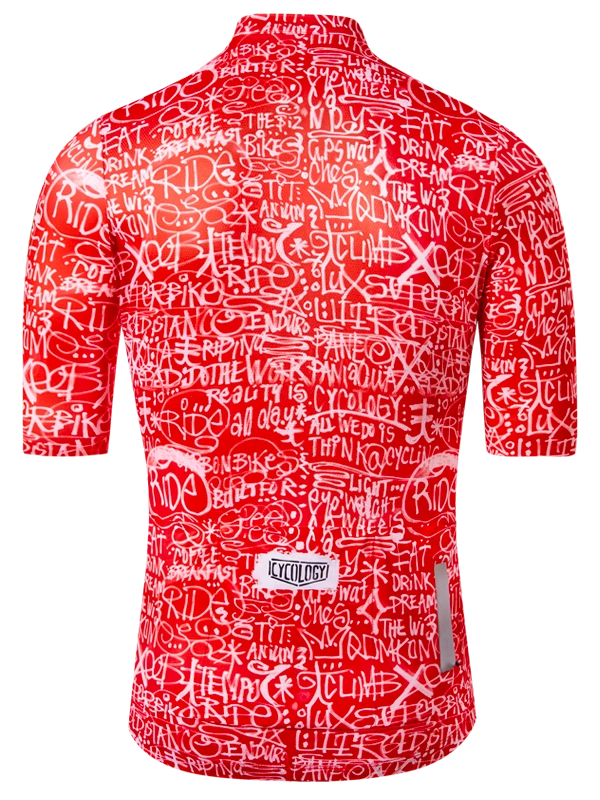 Red men's short sleeve cycling jersey back view with white text pattern 