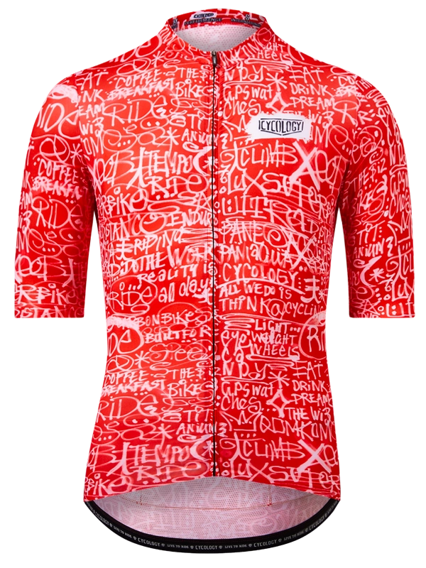 Red men's short sleeve cycling jersey with white text pattern 