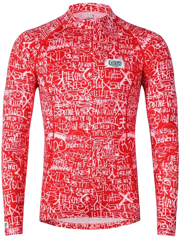 Red long-sleeve cycling jersey with white graffiti-style cycling phrases, ideal for men's and women's road rides.