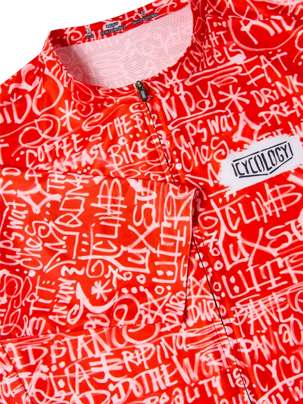 Red men's short sleeve cycling jersey  close up with white text pattern 