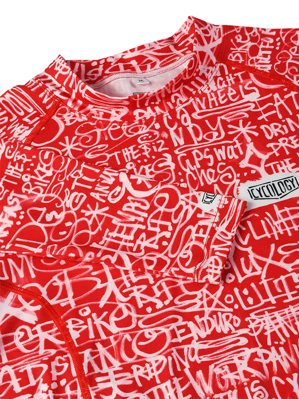 Long-sleeve cycling base layer with red and white graphic design