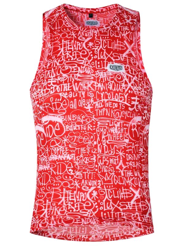 Red sleeveless cycling base layer with white text and graphics