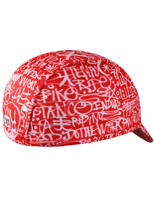 Red cycling cap with white text and graphics 