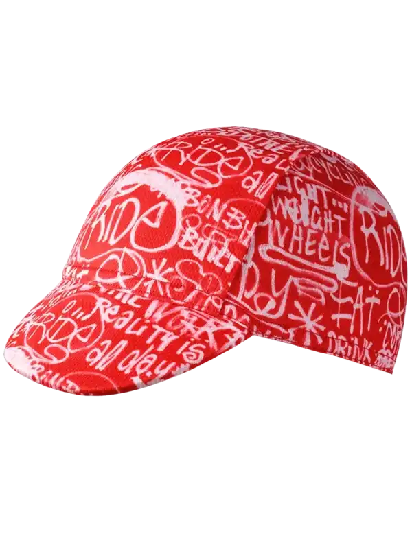 Red cycling cap with white graffiti-style ride and wheel graphics, ideal for bike enthusiasts