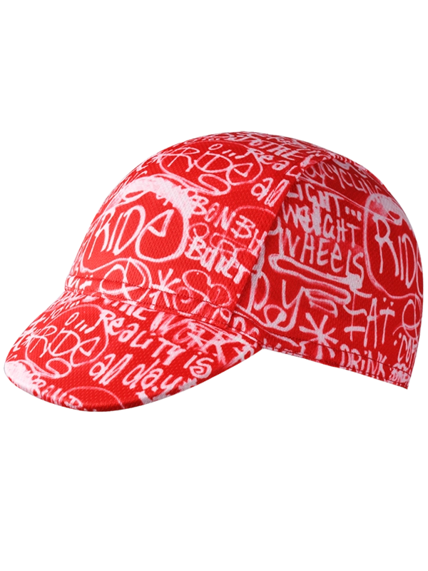 Red cycling cap with white text and graphics 