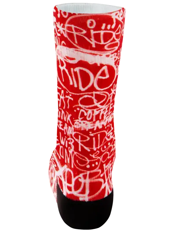Red cycling sock with white 'RIDE' graffiti print, black toe, for men's or women's bike wear