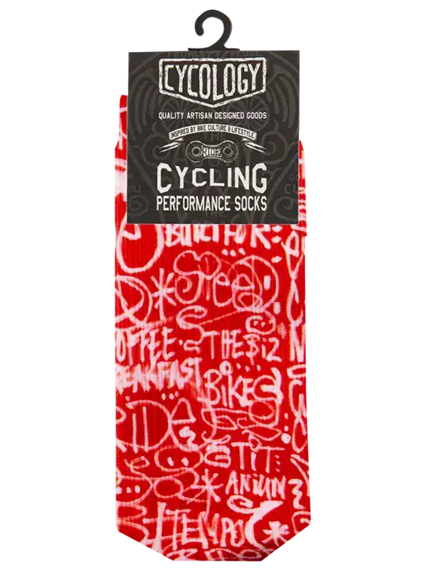 Red cycling performance socks with white graffiti-style bike culture print, ideal for cyclists