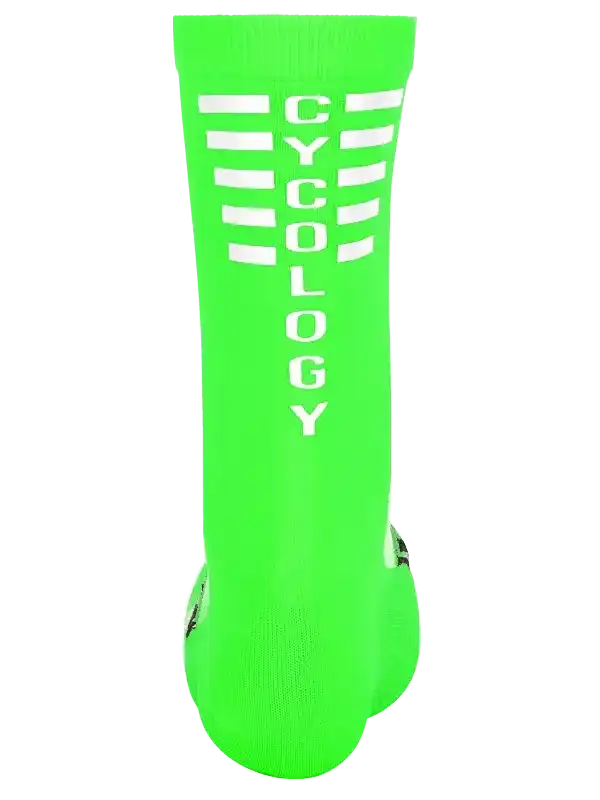 Bright green cycling sock with white CYCOLOGY lettering and stripes, designed for men's and women's bike rides.