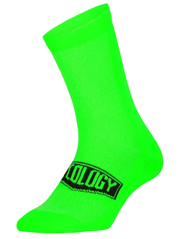 Bright neon green cycling sock with black logo, designed for men's and women's bike rides
