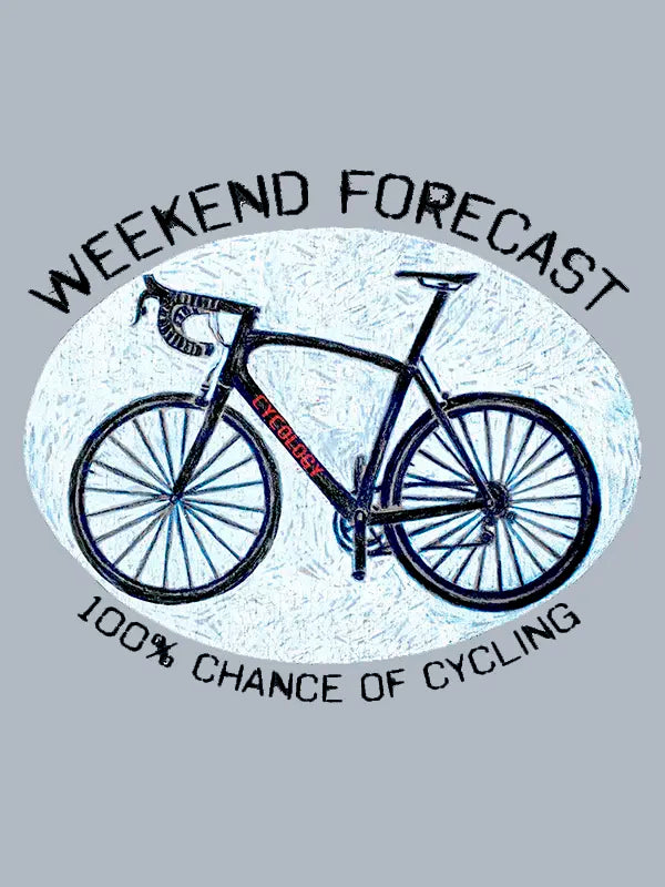 Bicycle illustration with 'Weekend Forecast' text on a gray background