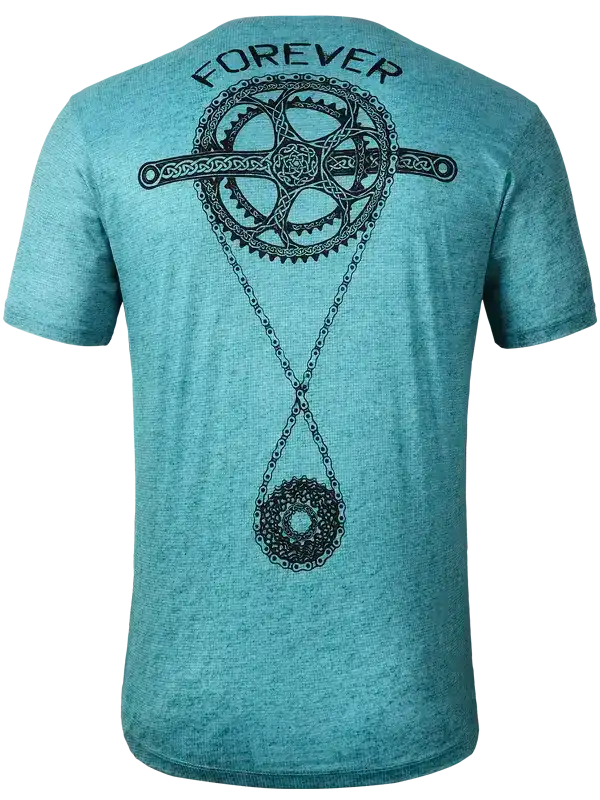 Teal men's cycling t-shirt with 'FOREVER' and chainring graphic design