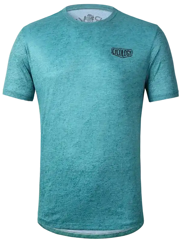 Teal men's cycling jersey with subtle texture and small logo, ideal for active rides