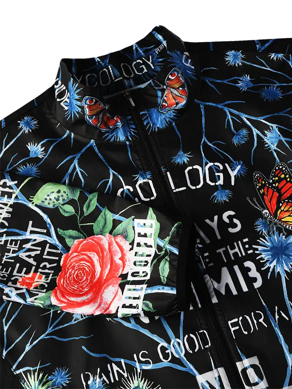 Black jacket with colorful floral and text design on a white background